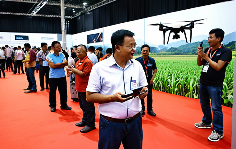 **Image Prompt:** A bustling agricultural technology conference in Malaysia. Focus on a farmer enthusiastically talking to a drone vendor, with various drones displayed in the background. Show the excitement and potential of drone technology in modern Malaysian farming.