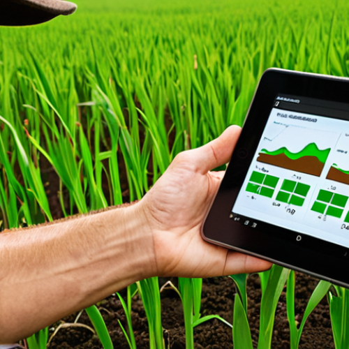 Home 6 **Smart Soil Analysis:** A farmer using a tablet displaying real-time data from soil sensors in a lush green field. Close-up on the sensors embedded in the soil, with data visualizations showing nutrient levels and moisture content.