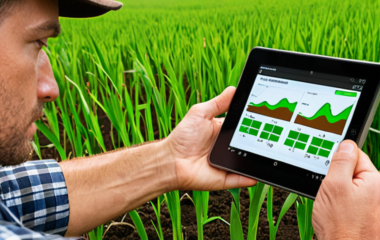 **Smart Soil Analysis:** A farmer using a tablet displaying real-time data from soil sensors in a lush green field. Close-up on the sensors embedded in the soil, with data visualizations showing nutrient levels and moisture content.